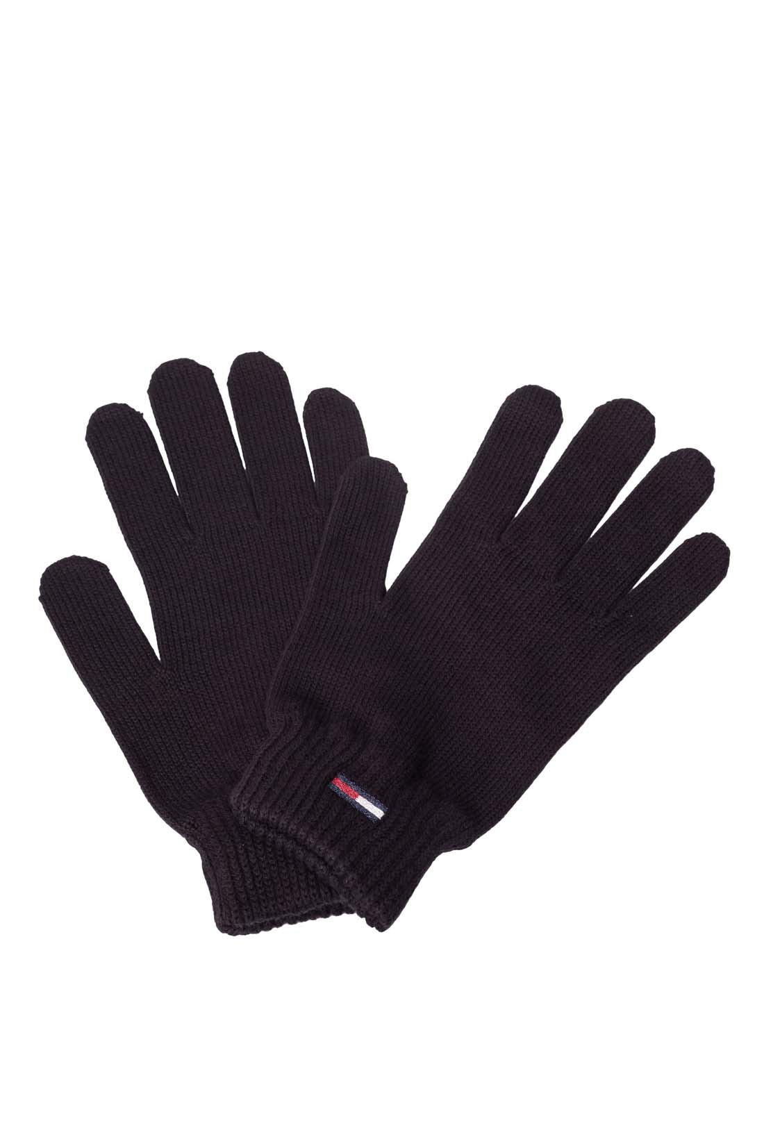 Women's black organic cotton knit winter gloves with metallic lurex logo and ribbed cuffs. — view 5