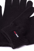 Women's black organic cotton knit winter gloves with metallic lurex logo and ribbed cuffs.
