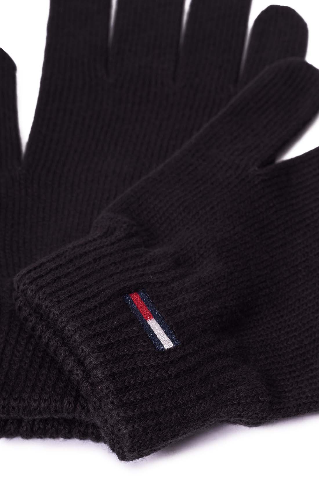 Women's black organic cotton knit winter gloves with metallic lurex logo and ribbed cuffs.