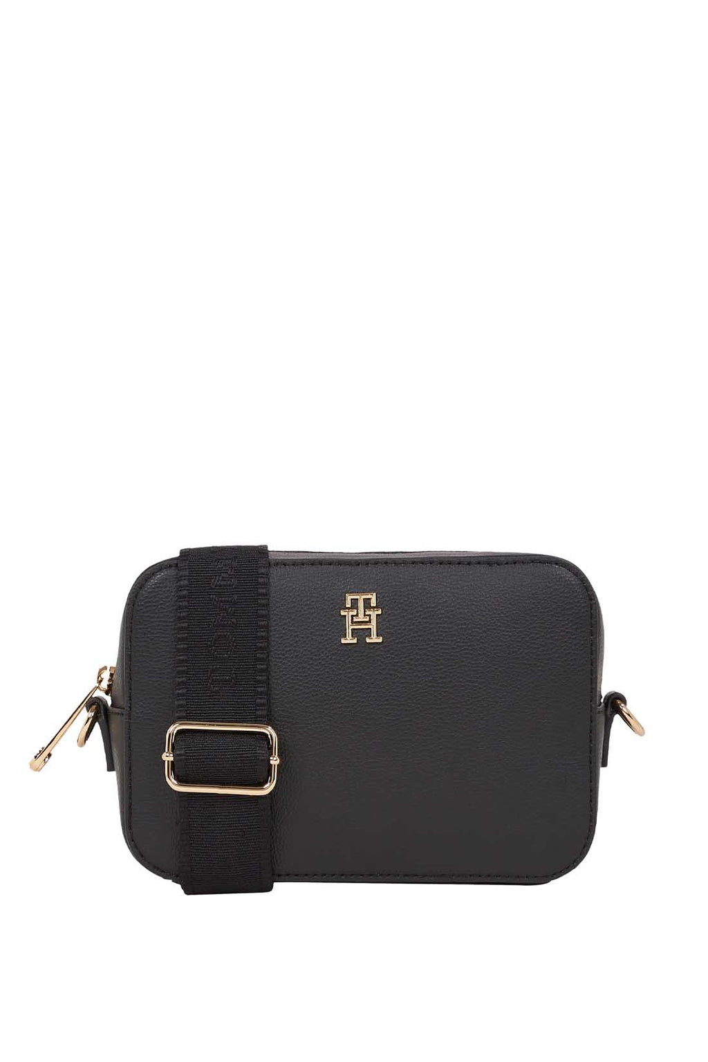 Women's black faux-leather crossbody shoulder bag with adjustable logo strap and front monogram plaque — view 5
