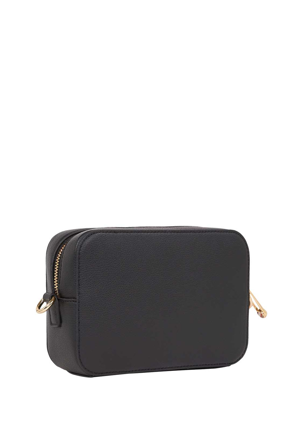 Women's black faux-leather crossbody shoulder bag with adjustable logo strap and front monogram plaque — view 3