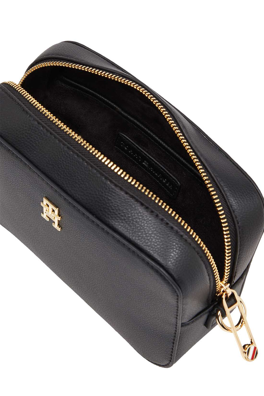 Women's black faux-leather crossbody shoulder bag with adjustable logo strap and front monogram plaque — view 6