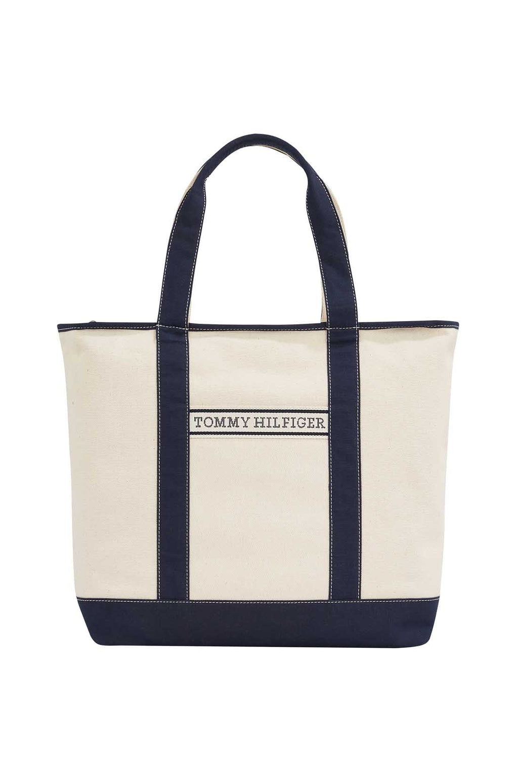 Neutral cotton canvas women's beach bag with double handles and front signature designer tape — view 15
