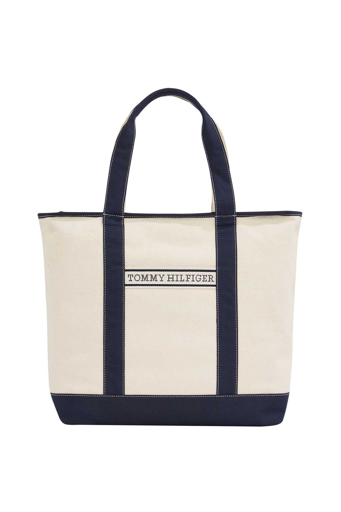 Neutral cotton canvas women's beach bag with double handles and front signature designer tape — view 15