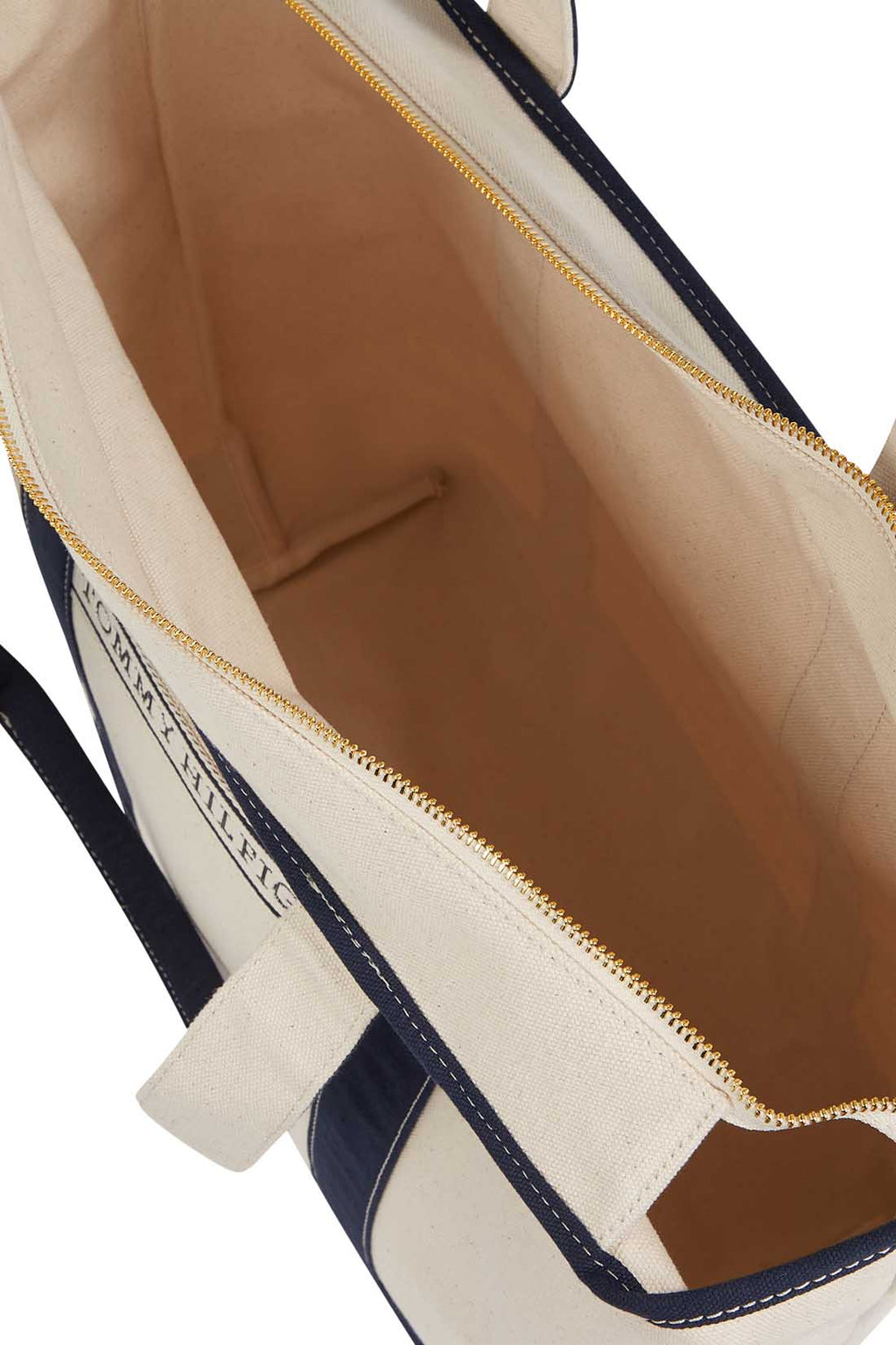 Neutral cotton canvas women's beach bag with double handles and front signature designer tape — view 11