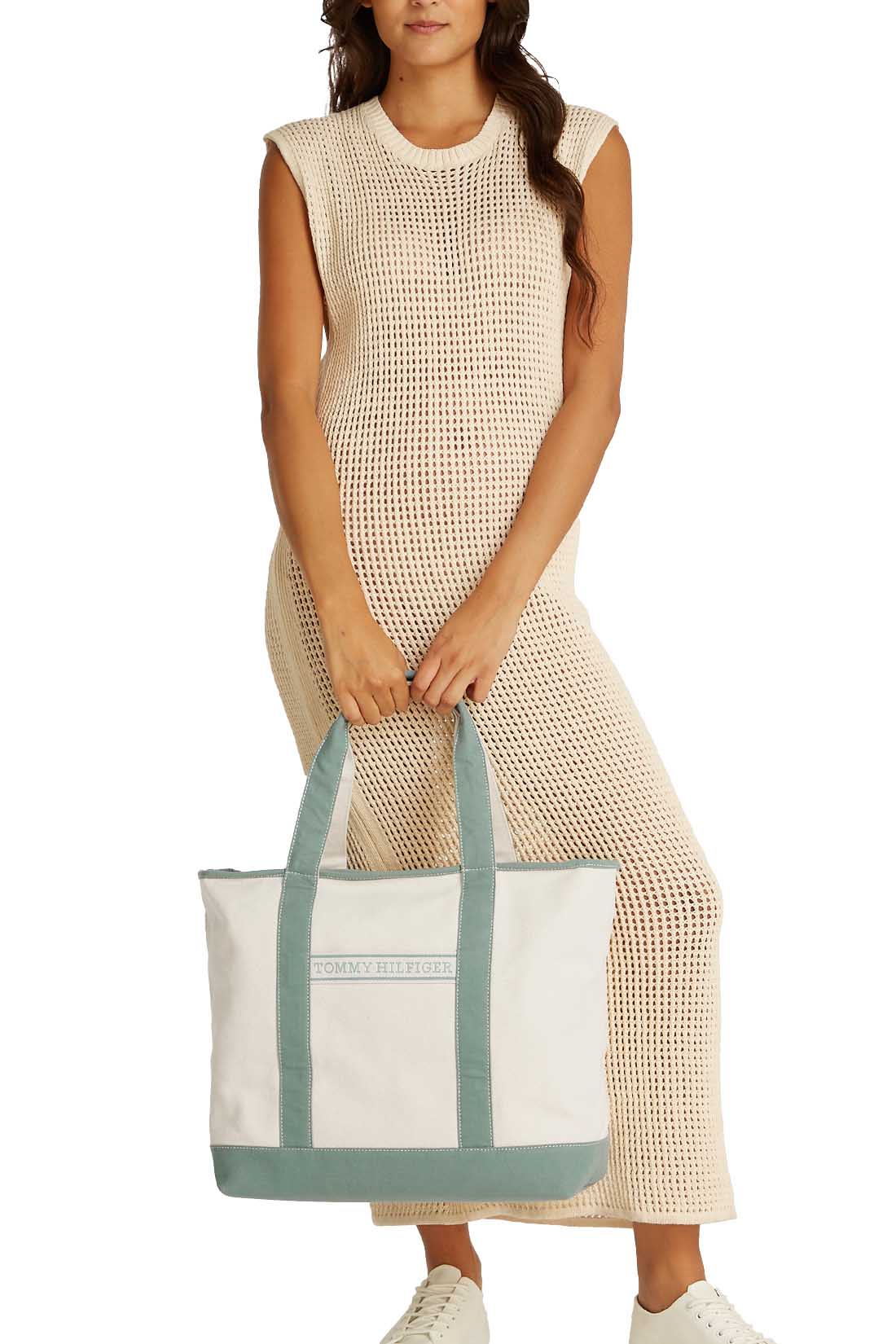 Neutral cotton canvas women's beach bag with double handles and front signature designer tape — view 4