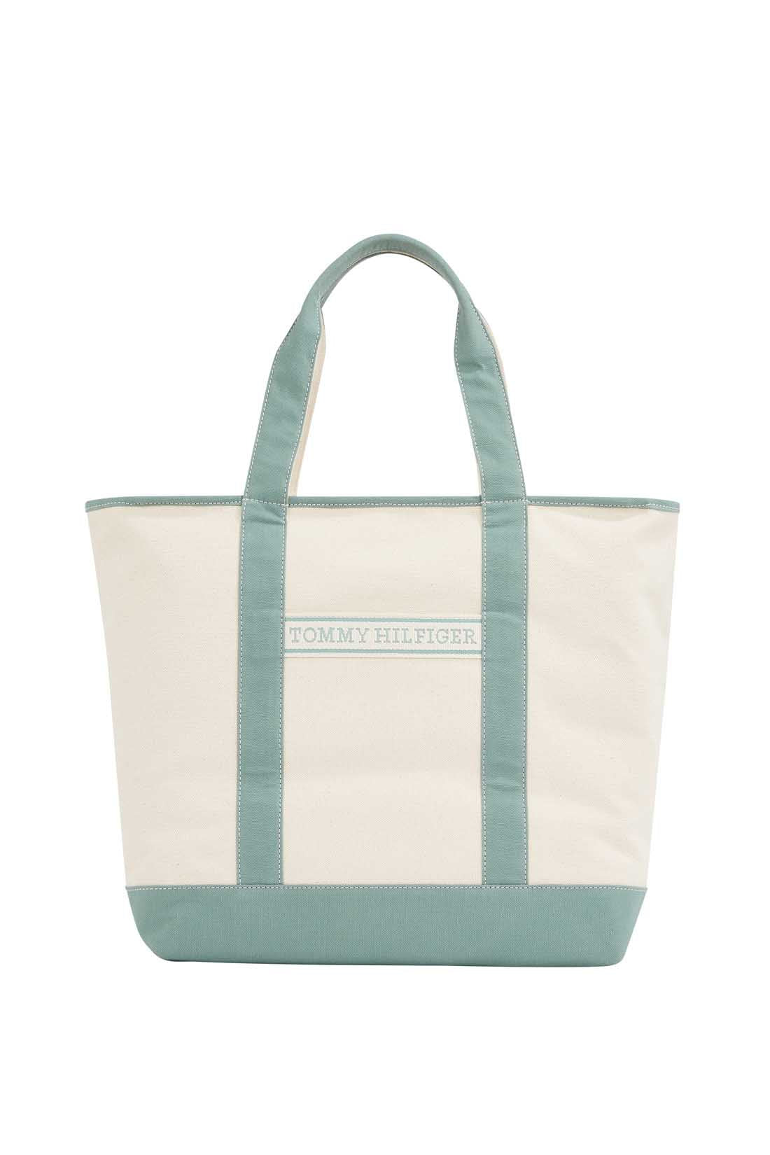 Neutral cotton canvas women's beach bag with double handles and front signature designer tape — view 10