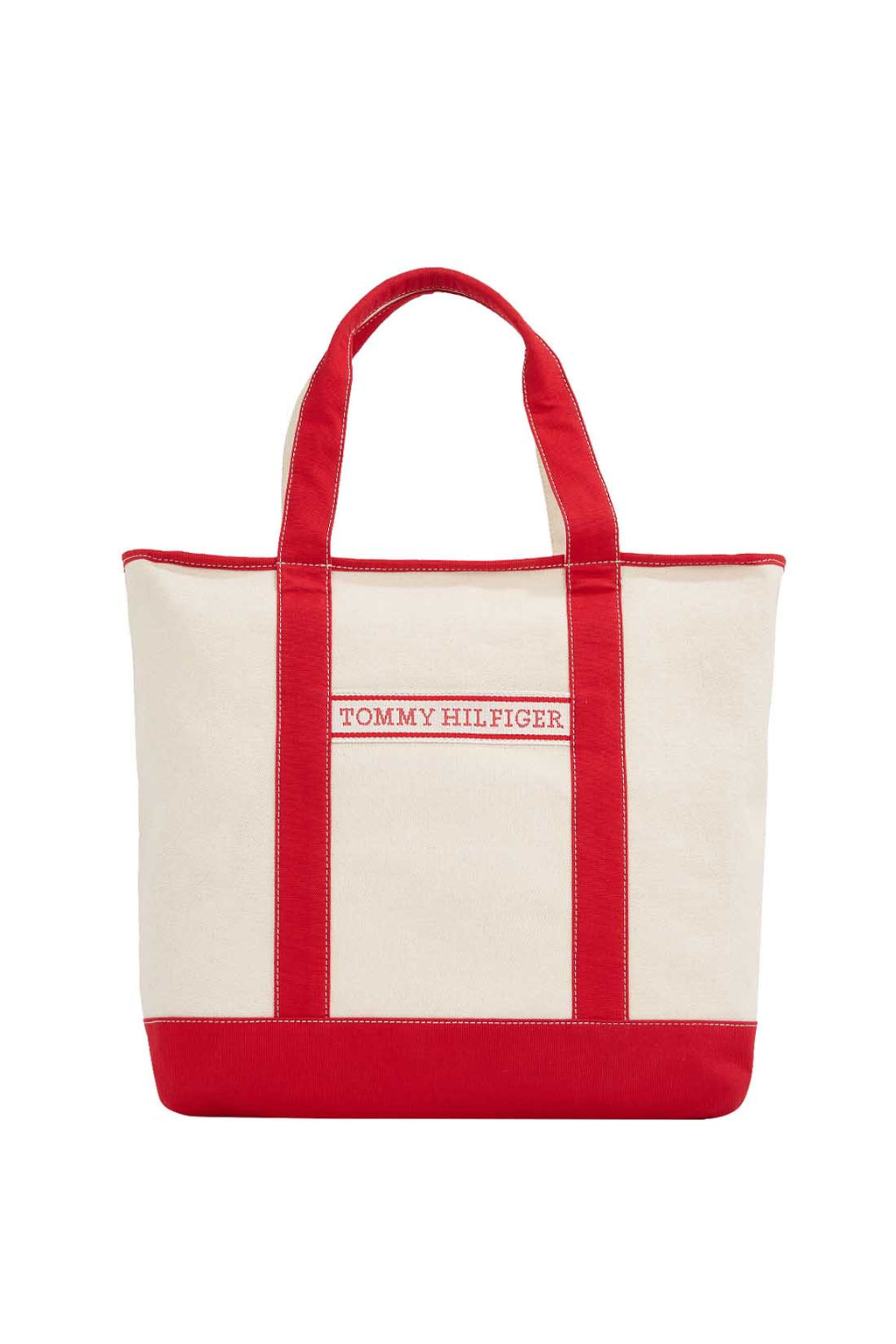 Neutral cotton canvas women's beach bag with double handles and front signature designer tape — view 20