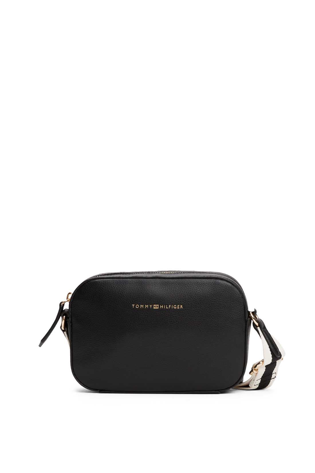 Black grained faux-leather women's camera crossbody bag with logo printed fabric shoulder strap — view 5