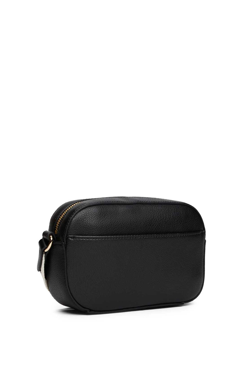 Black grained faux-leather women's camera crossbody bag with logo printed fabric shoulder strap — view 8
