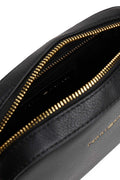 Black grained faux-leather women's camera crossbody bag with logo printed fabric shoulder strap