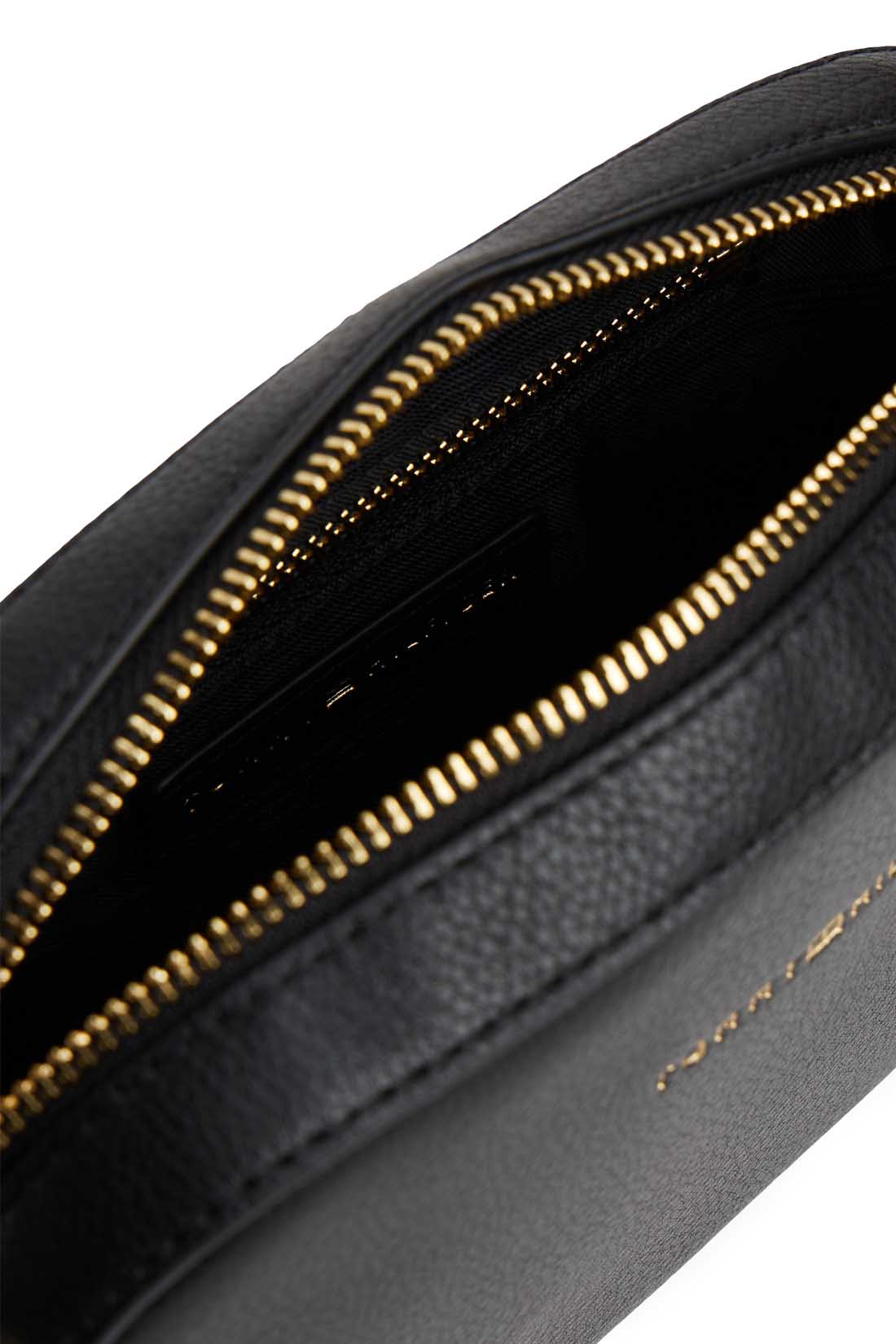 Black grained faux-leather women's camera crossbody bag with logo printed fabric shoulder strap — view 6