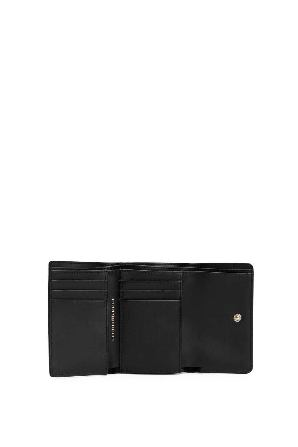 Black faux-leather women's wallet with embossed logo, front flap, and multiple compartments. — view 2