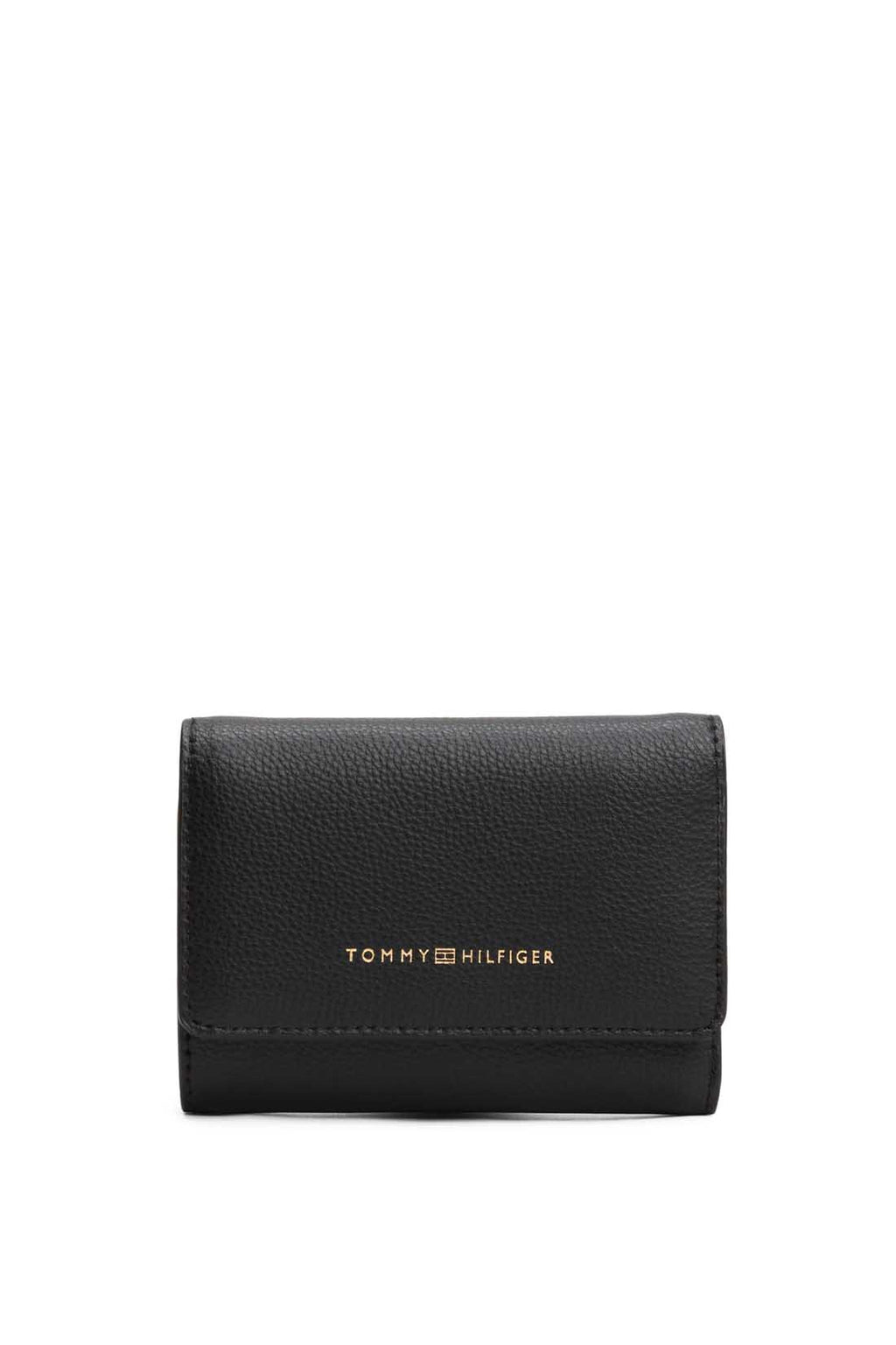Black faux-leather women's wallet with embossed logo, front flap, and multiple compartments. — view 4