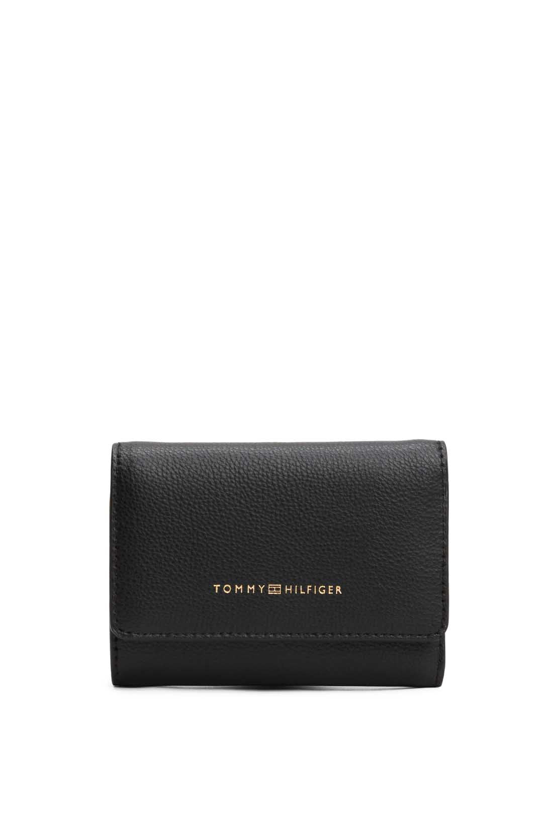 Black faux-leather women's wallet with embossed logo, front flap, and multiple compartments. — view 8