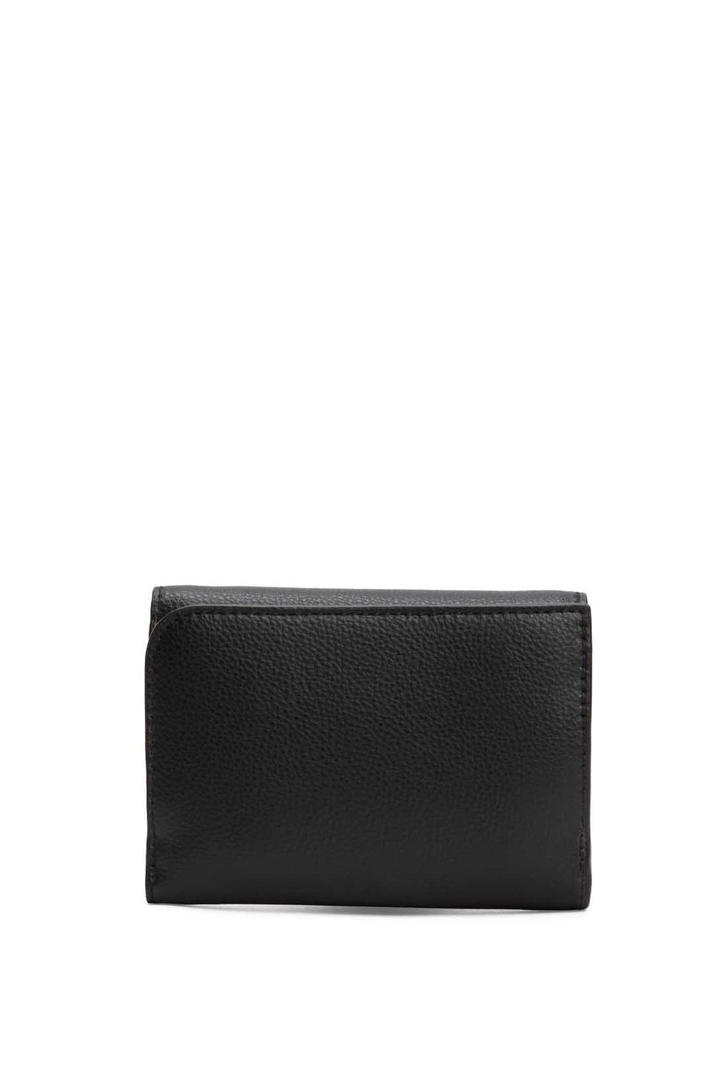 Black faux-leather women's wallet with embossed logo, front flap, and multiple compartments. — view 3