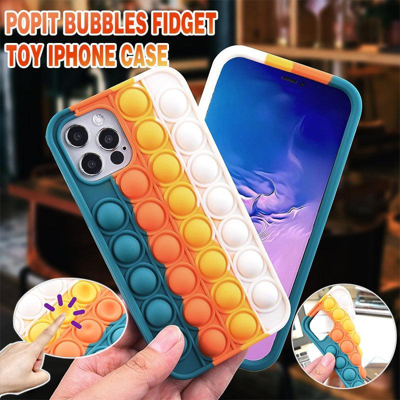 Blue-white pop fidget phone case in soft silicone protecting a modern smartphone device