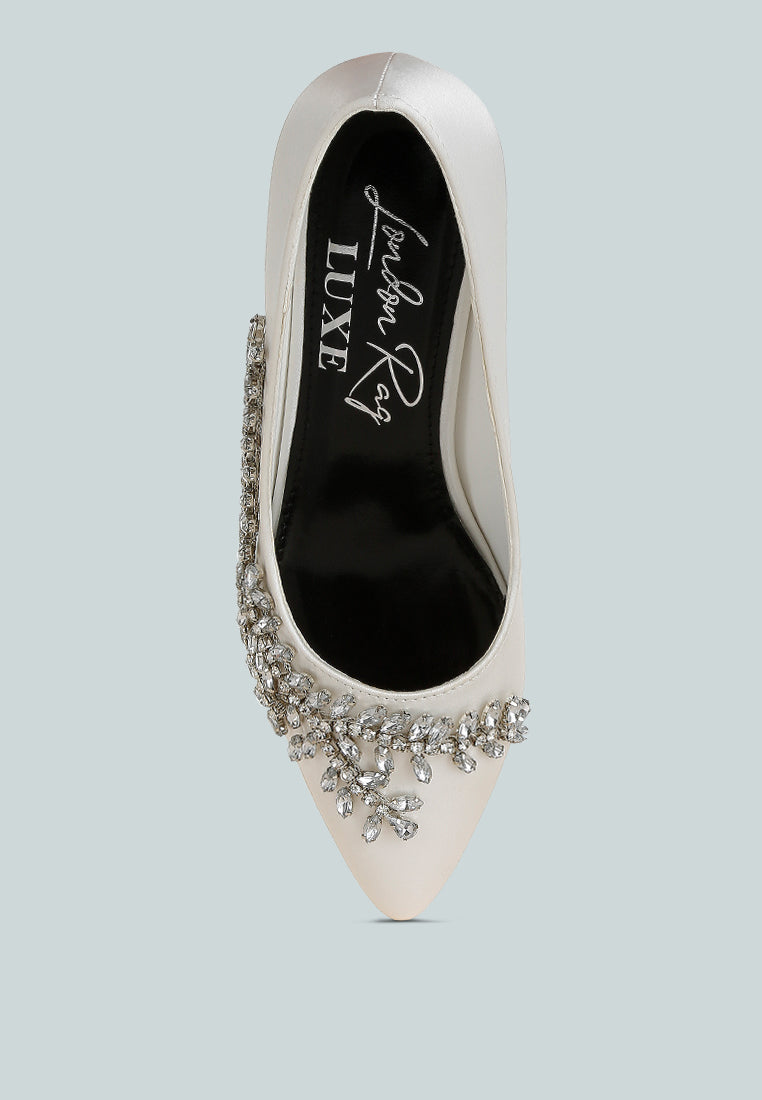 Abatina satin diamante embellished pumps with pointed toe and comfortable block heel. — view 4