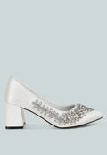 Abatina satin diamante embellished pumps with pointed toe and comfortable block heel.
