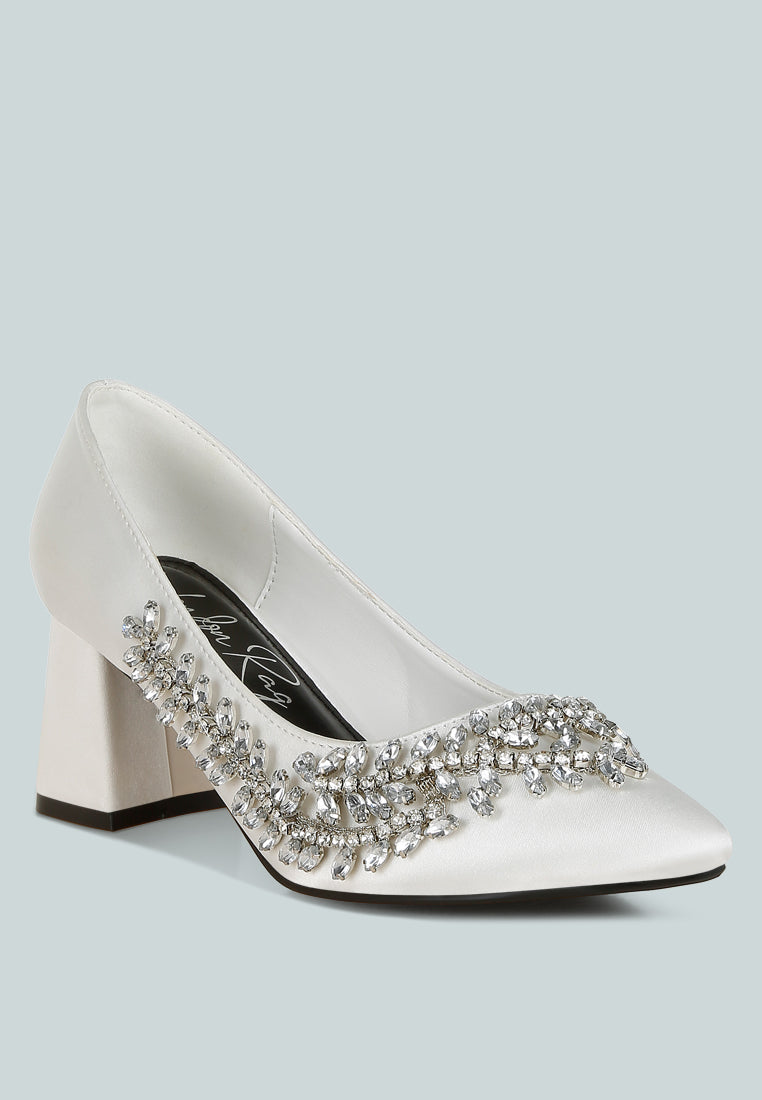Abatina satin diamante embellished pumps with pointed toe and comfortable block heel. — view 2