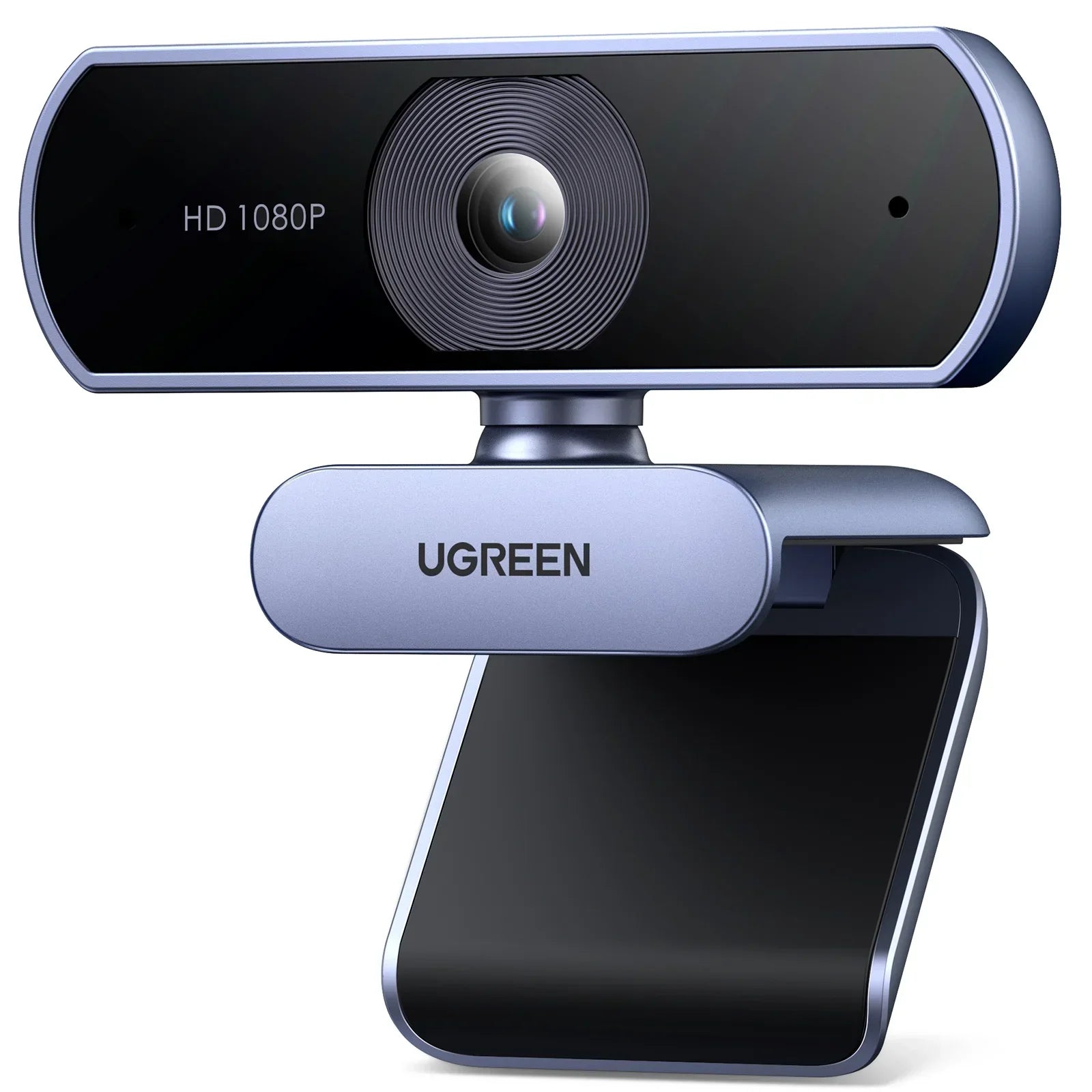 Black 1080P HD USB webcam with dual microphones clipped onto a computer monitor.