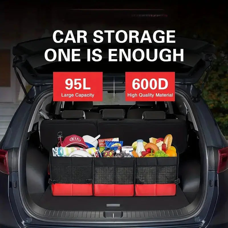 Large black 95L collapsible car trunk organizer bag with multiple compartments for SUVs and sedans — view 2