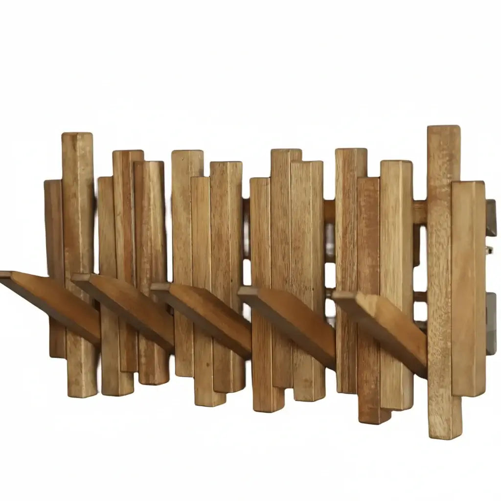 Acacia wood wall mounted coat rack with flip down hooks hanging in a modern entryway — view 2