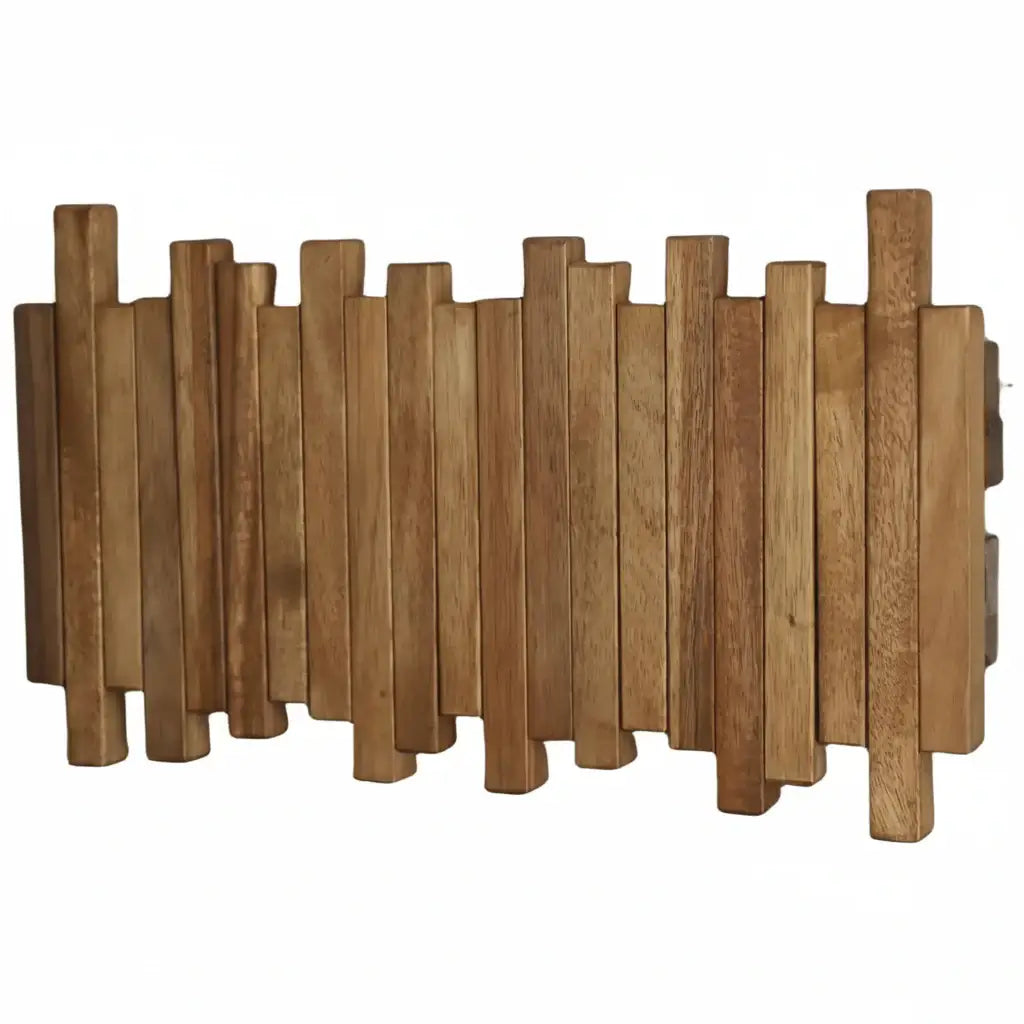 Acacia wood wall mounted coat rack with flip down hooks hanging in a modern entryway — view 5