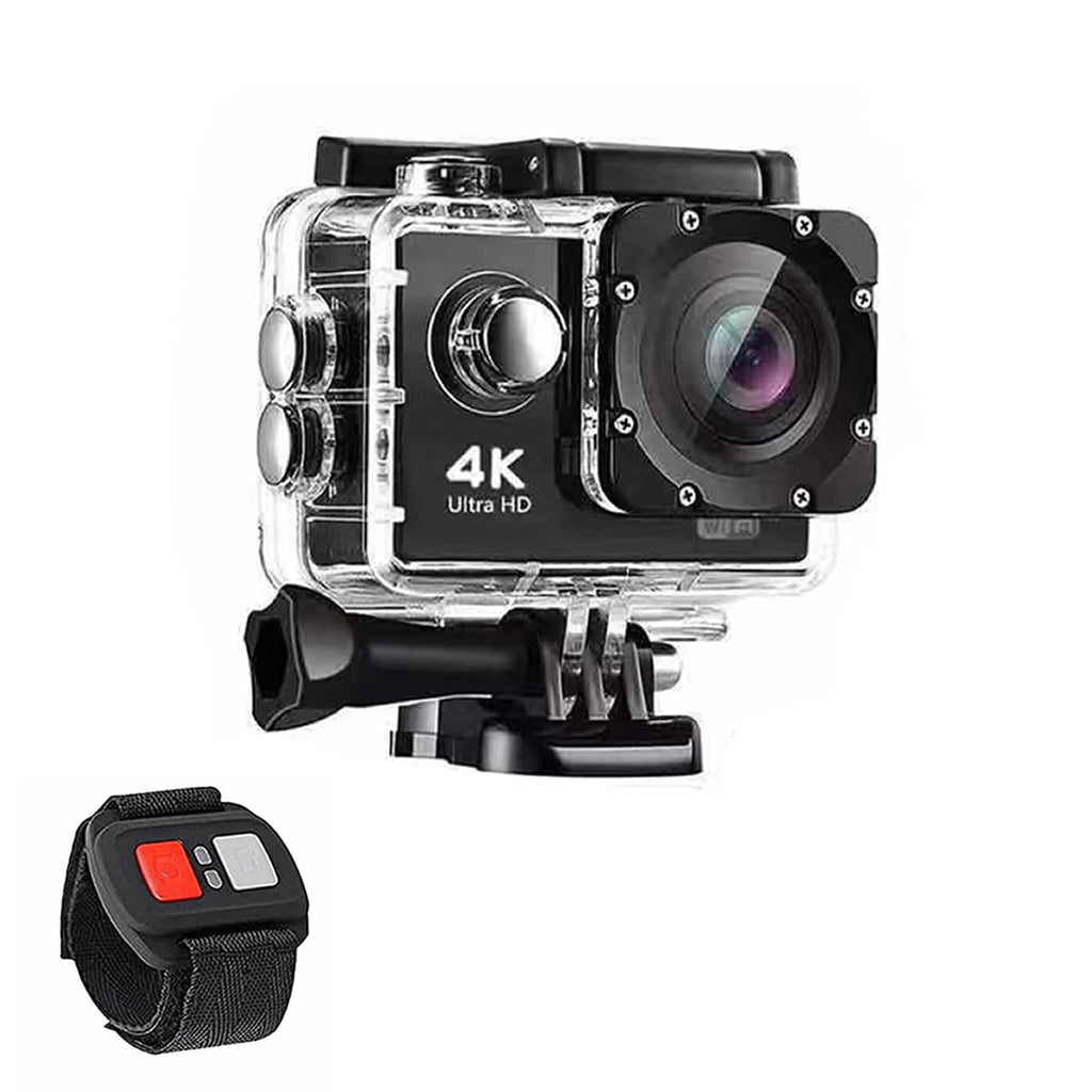Black 4K waterproof action camera with wireless remote control and protective mounting accessories
