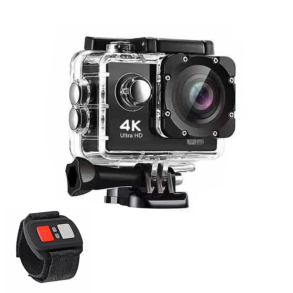 Black 4K waterproof action camera with wireless remote control and protective mounting accessories