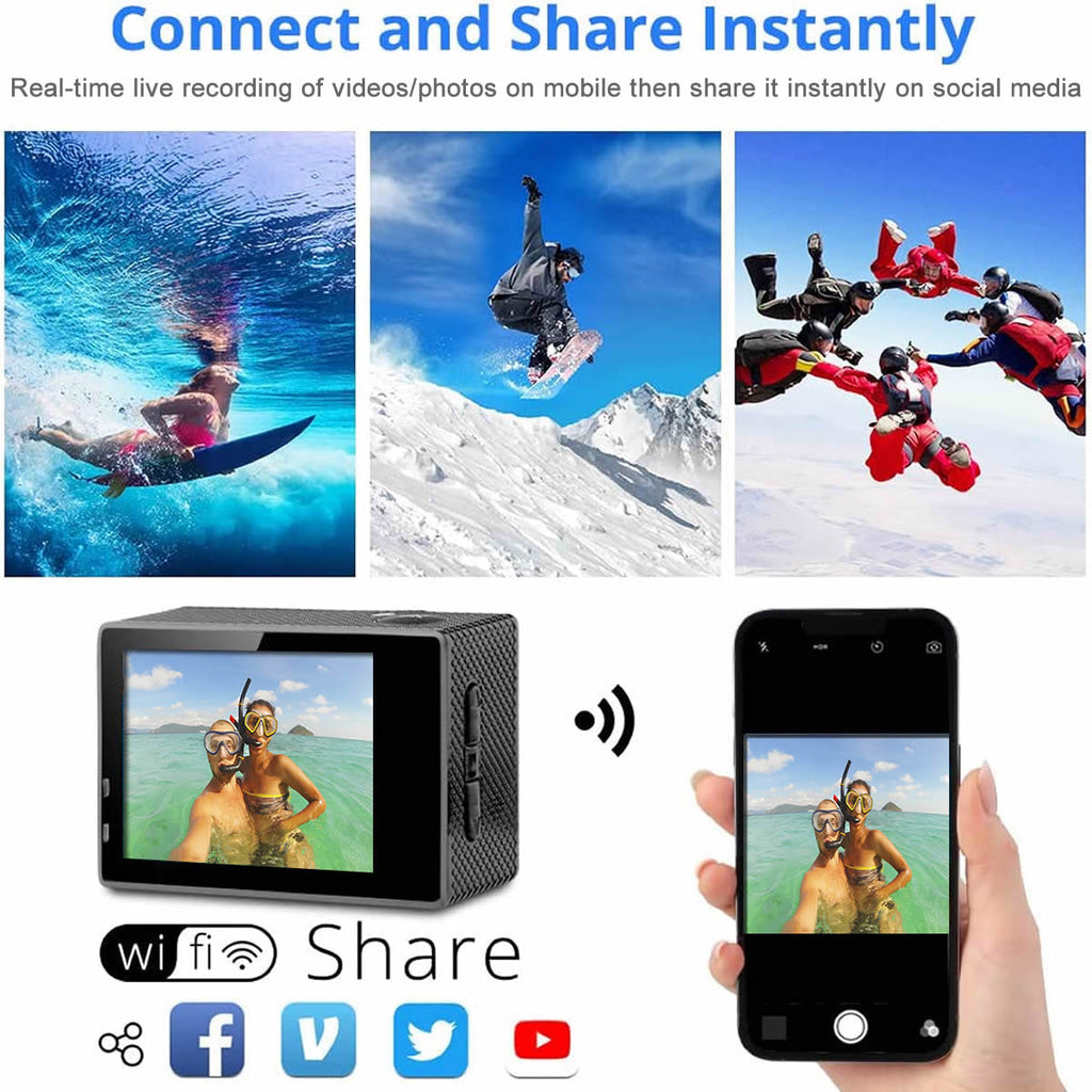 Black 4K waterproof action camera with wireless remote control and protective mounting accessories — view 5