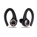 Matte black and rose gold wireless sport earbuds with protective charging case and silicone earhooks.