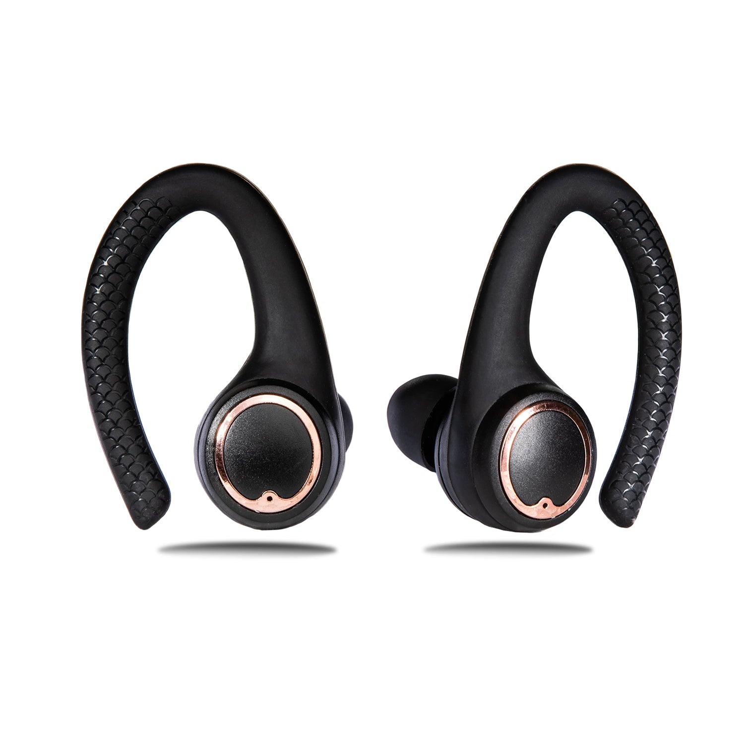Matte black and rose gold wireless sport earbuds with protective charging case and silicone earhooks.