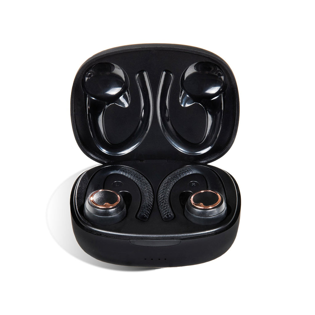 Matte black and rose gold wireless sport earbuds with protective charging case and silicone earhooks. — view 2