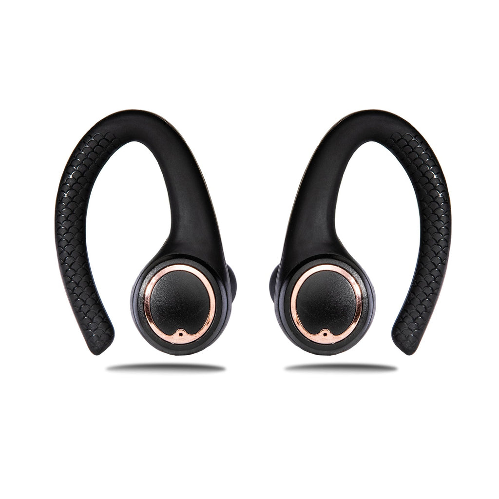 Matte black and rose gold wireless sport earbuds with protective charging case and silicone earhooks. — view 4