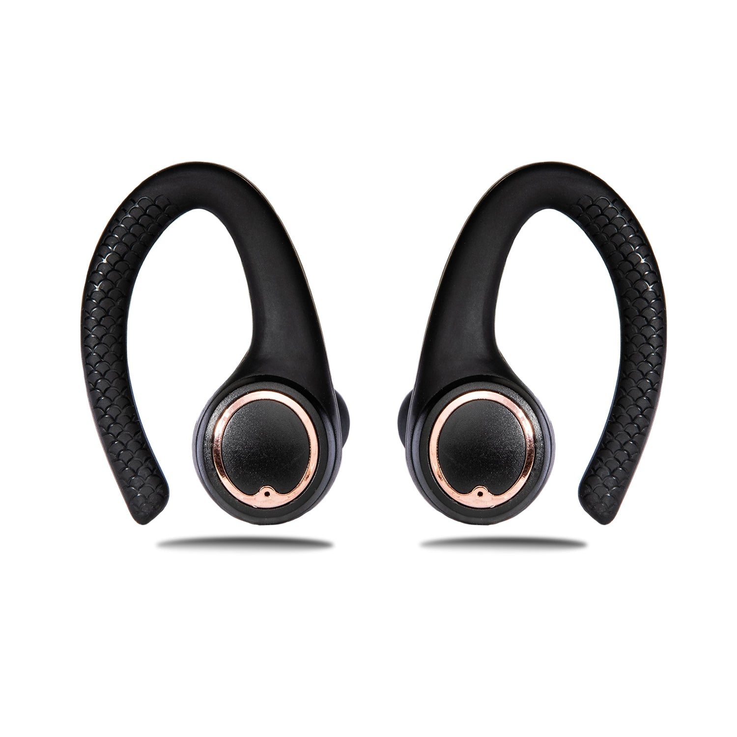 Matte black and rose gold wireless sport earbuds with protective charging case and silicone earhooks. — view 4