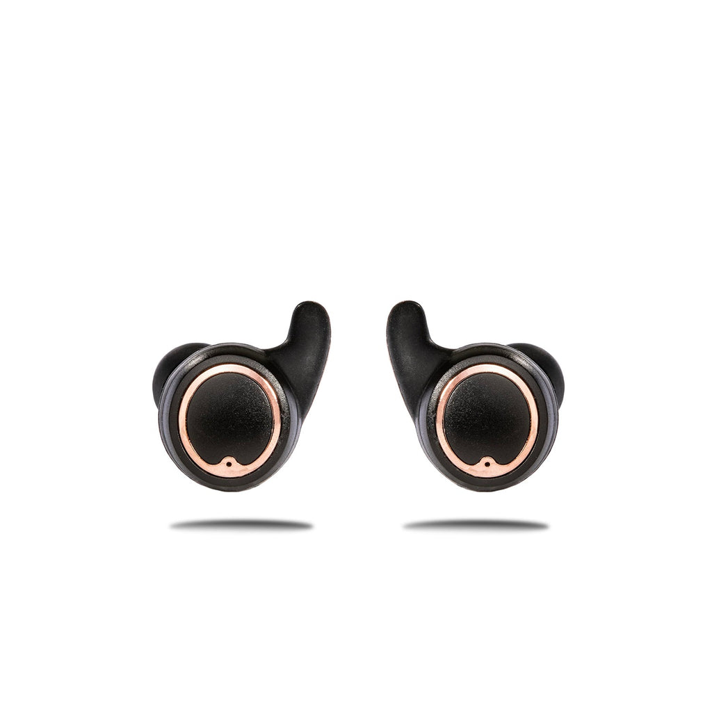 Matte black and rose gold wireless sport earbuds with protective charging case and silicone earhooks. — view 5