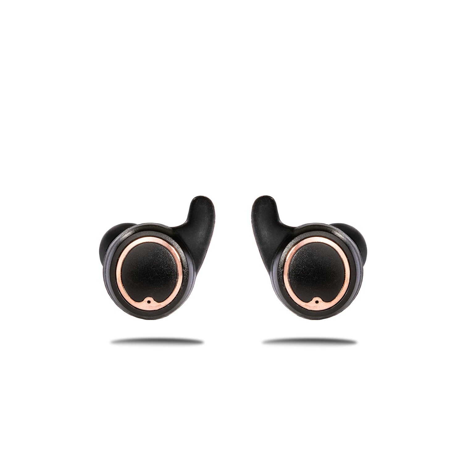 Matte black and rose gold wireless sport earbuds with protective charging case and silicone earhooks. — view 5