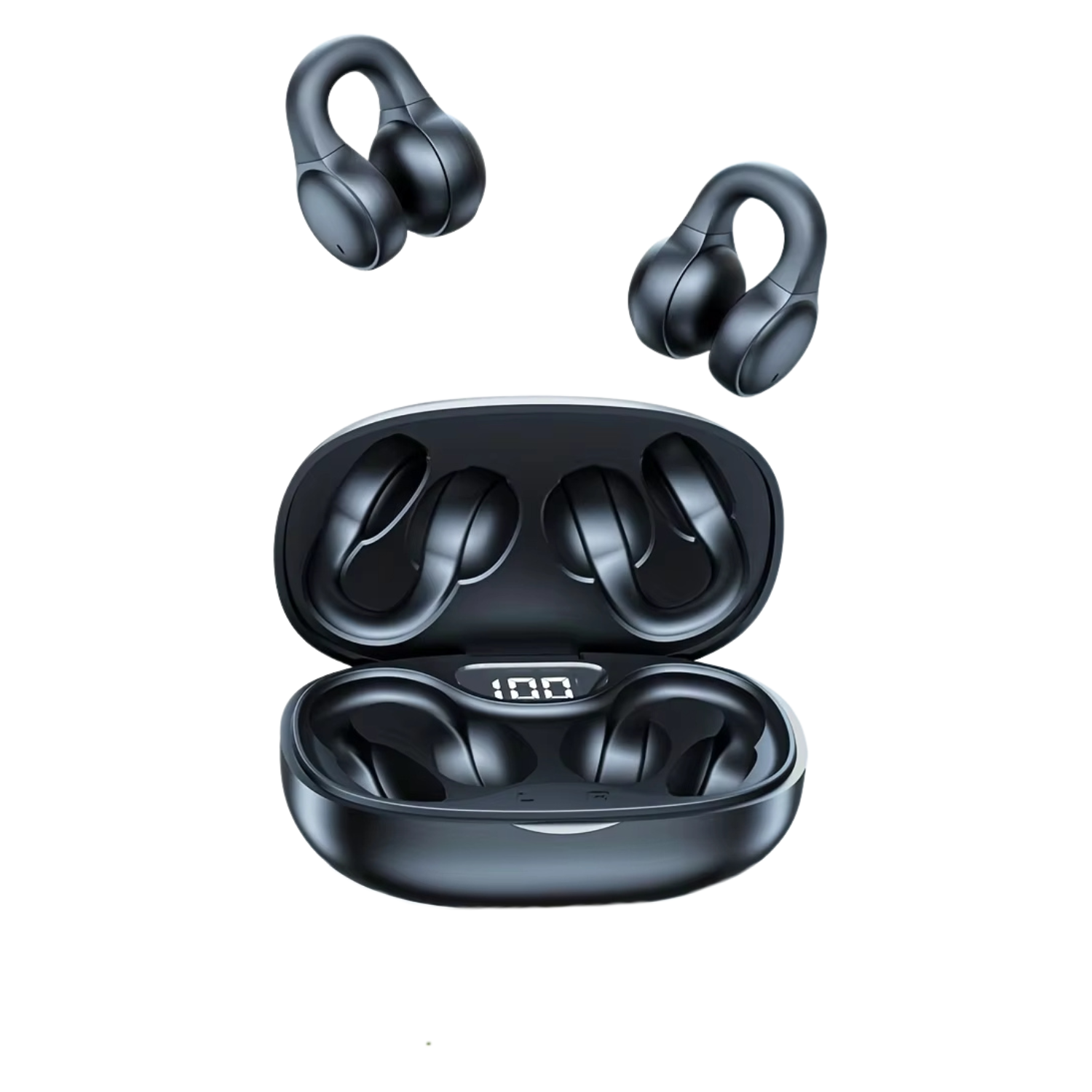 Matte black AIR Active 3.0 open ear sport wireless earbuds with protective charging case.