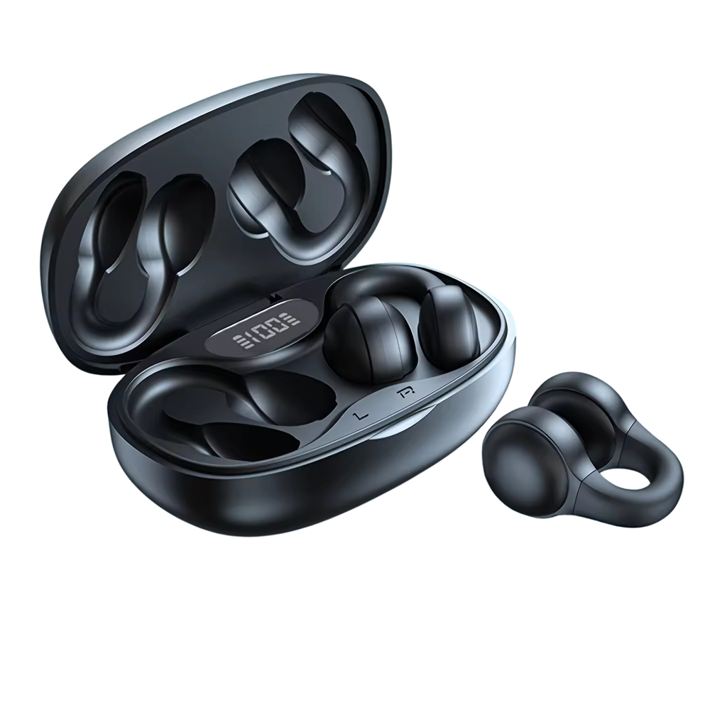 Matte black AIR Active 3.0 open ear sport wireless earbuds with protective charging case. — view 3