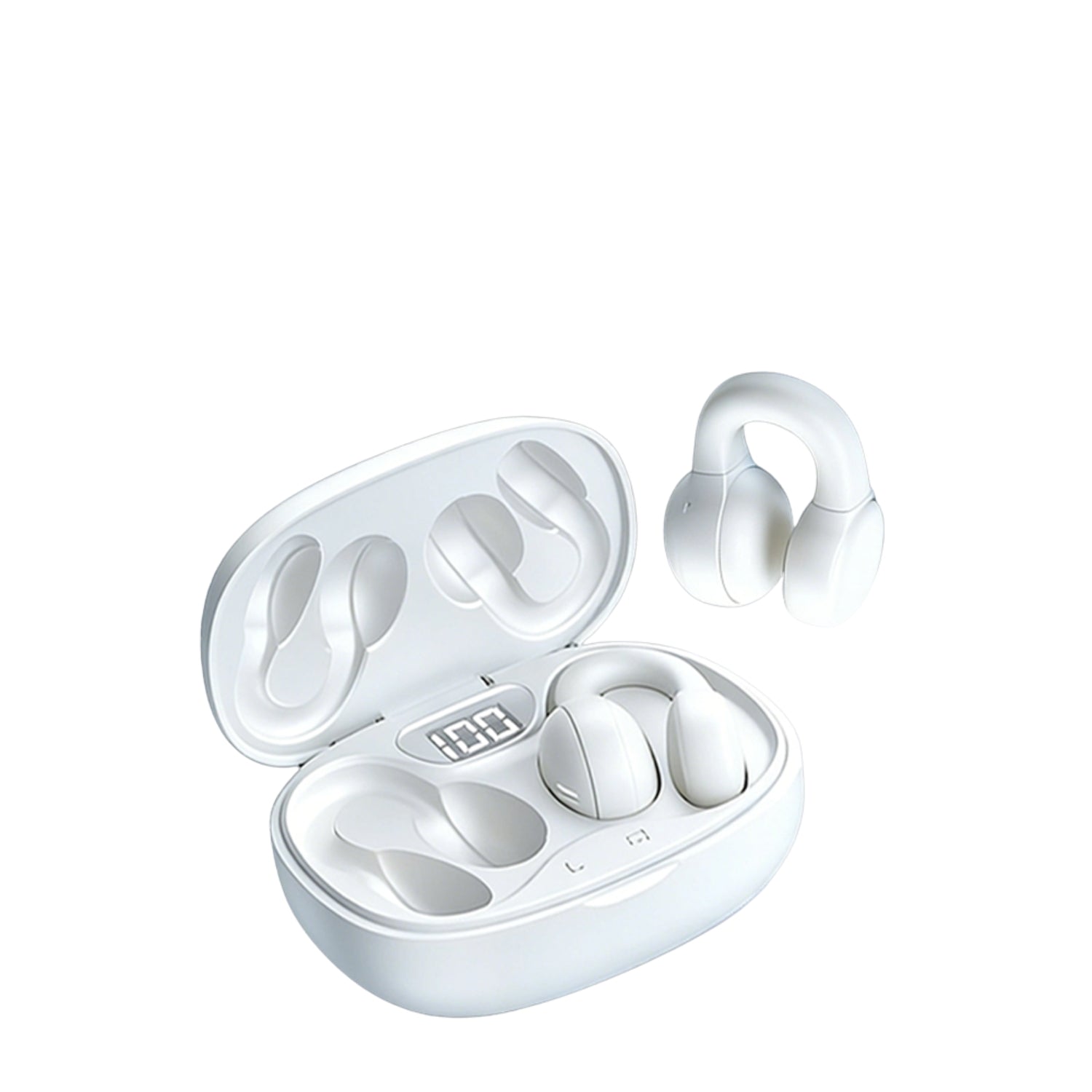 White open ear true wireless sport earbuds with clip-on design and charging case — view 5