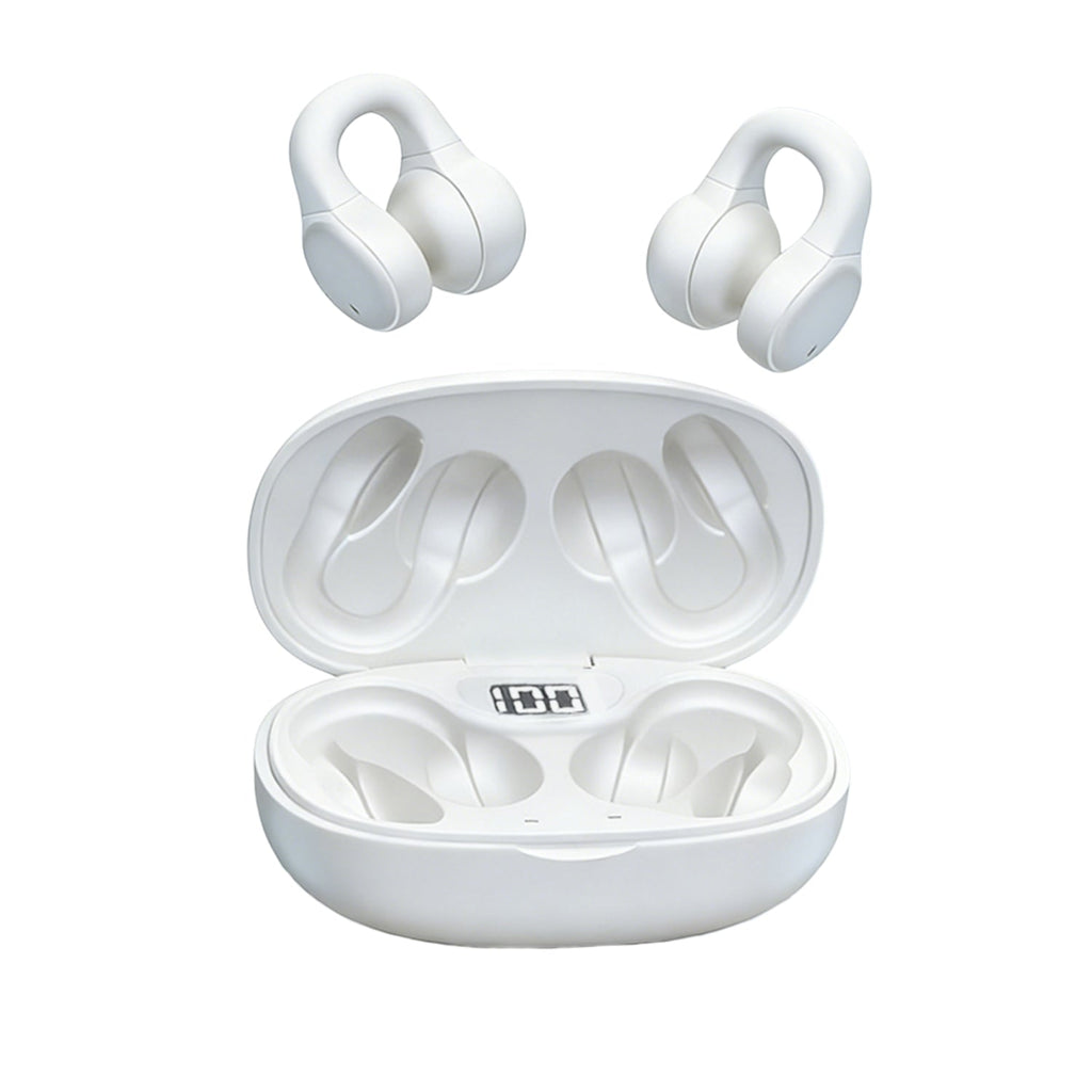 White open ear true wireless sport earbuds with clip-on design and charging case
