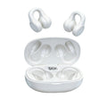 White open ear true wireless sport earbuds with clip-on design and charging case