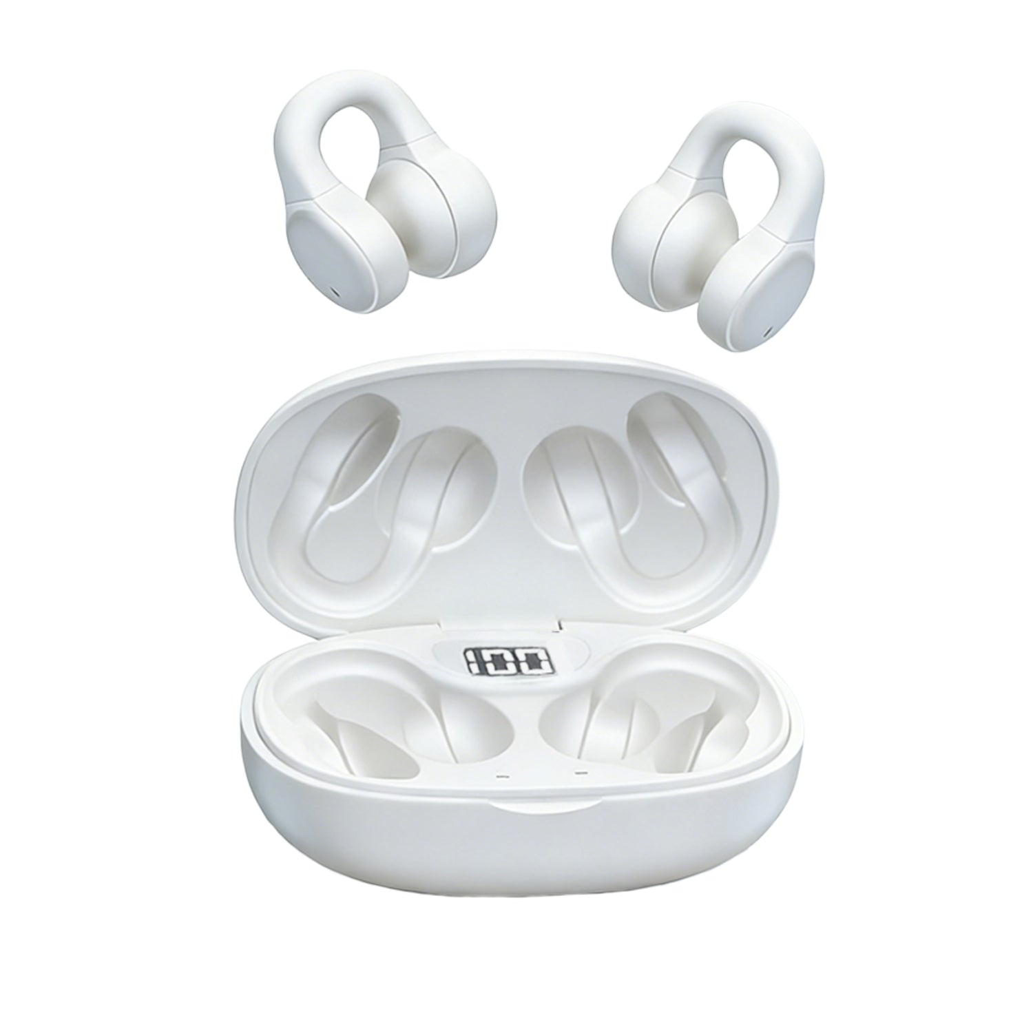 White open ear true wireless sport earbuds with clip-on design and charging case