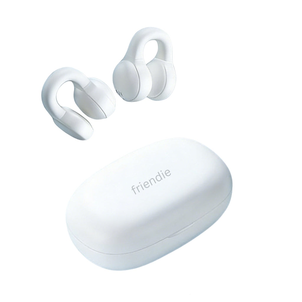 White open ear true wireless sport earbuds with clip-on design and charging case — view 2