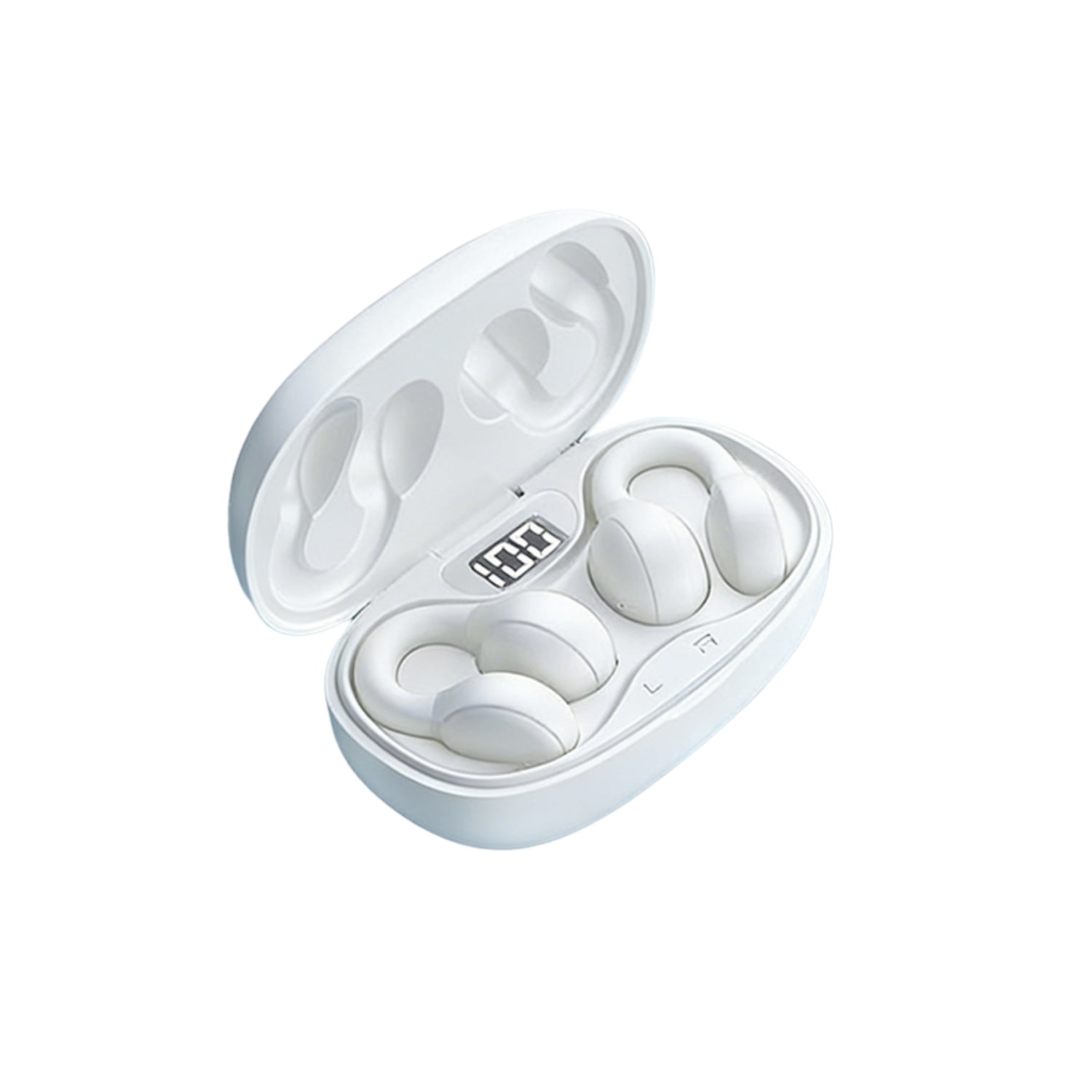 White open ear true wireless sport earbuds with clip-on design and charging case — view 4