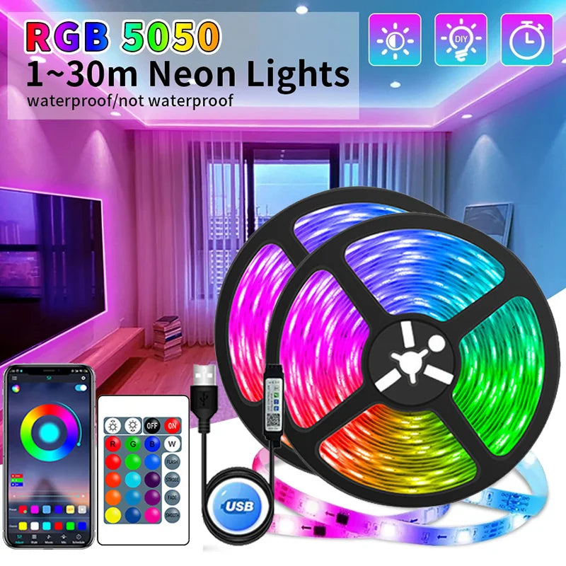 Smart USB LED strip lights illuminating a modern living room ceiling in vibrant dynamic RGB colors — view 3
