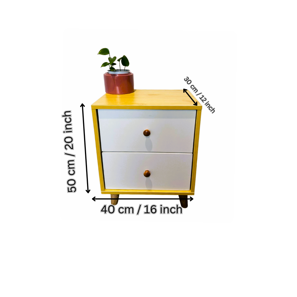 White and pine wooden bedside cabinet with two drawers and solid sturdy farmhouse legs — view 3