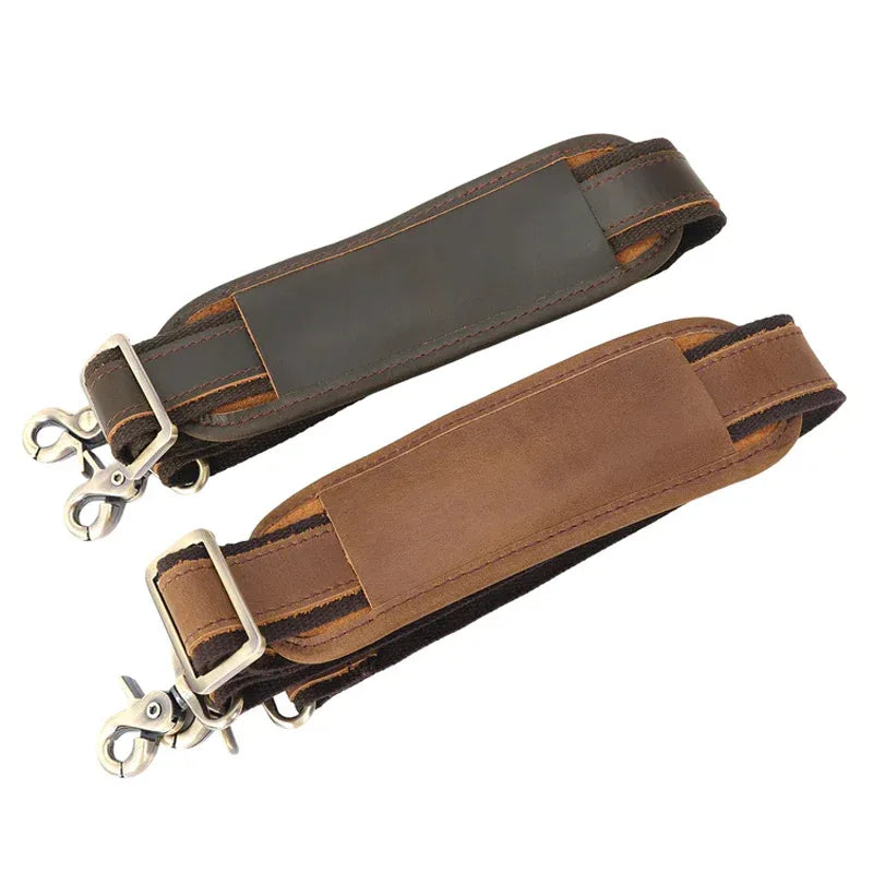 Adjustable full grain brown leather shoulder strap with customized metal hooks and comfortable sliding shoulder pad — view 5