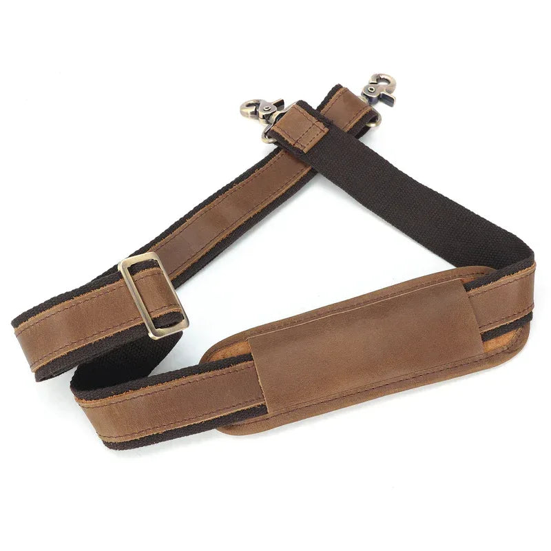 Adjustable full grain brown leather shoulder strap with customized metal hooks and comfortable sliding shoulder pad